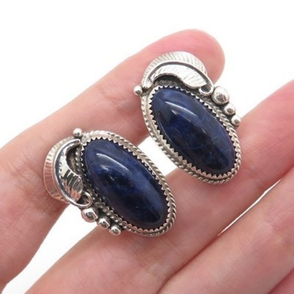 Old Pawn 925 Sterling Silver Vintage Sodalite Floral Tribal Screw Back Earrings